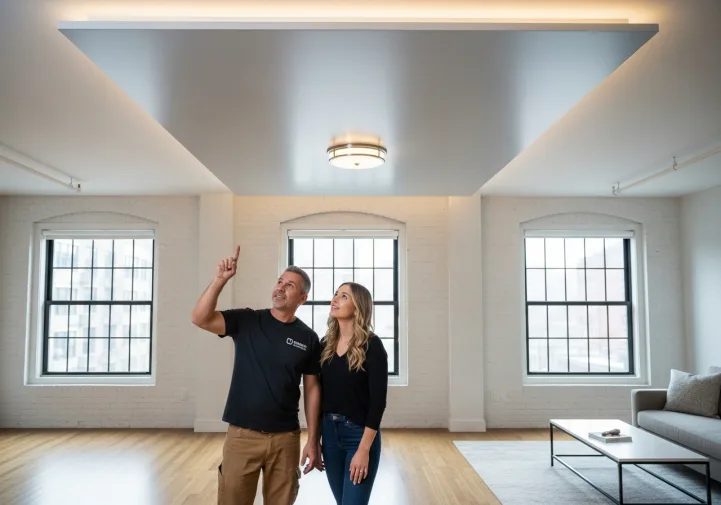 Contractor and homeowner reviewing completed soundproofed ceiling in a Palo Alto apartment