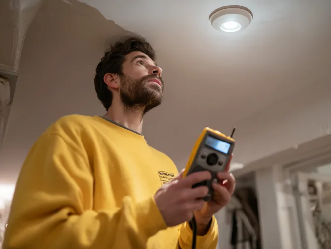 Acoustic technician measuring ceiling noise levels with a sound meter in a Palo Alto apartment