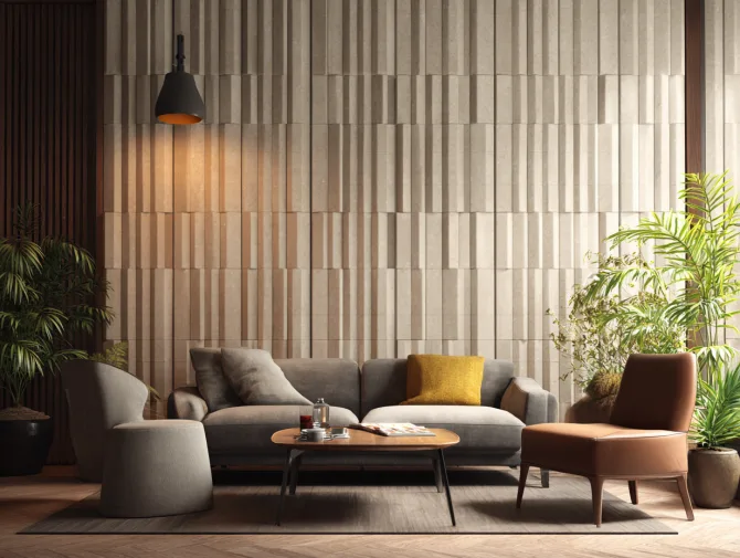 Modern living room with acoustic wall design